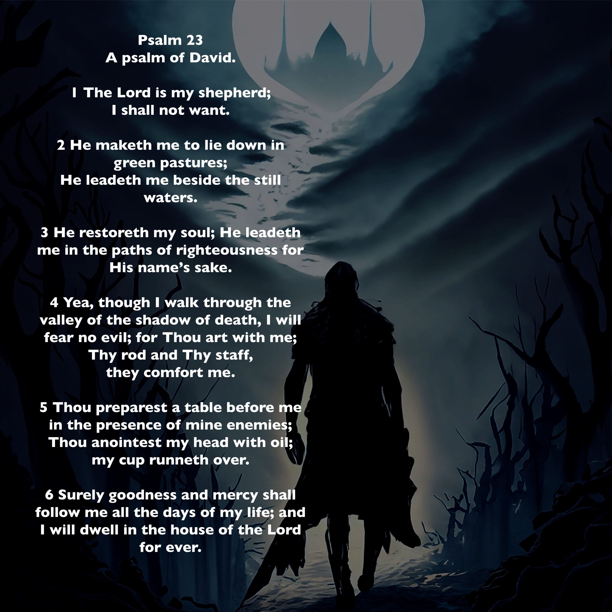 Image of a solitary figure the walking through the valley o the shadow of death from Psalm 23. AI image using Adobe.
