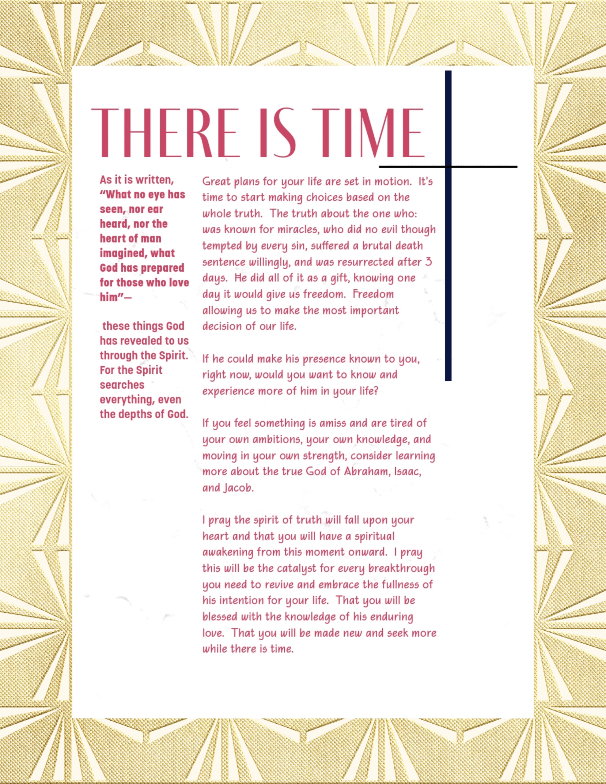 There is time - gold framed leaflet about seeking the God of Abraham Isaac, and Jacob